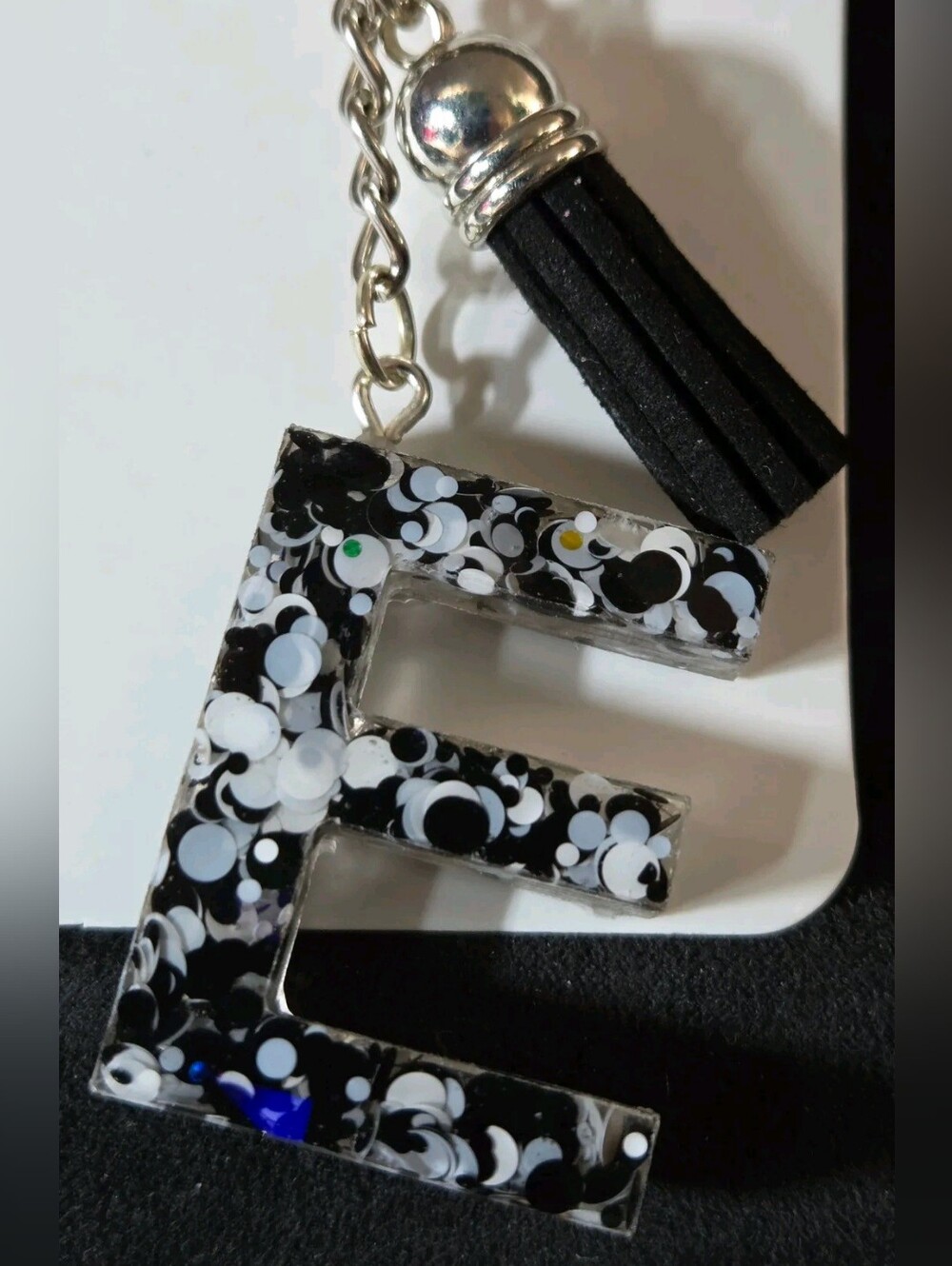 Black & White Confetti 'E' Keychain with Tassel